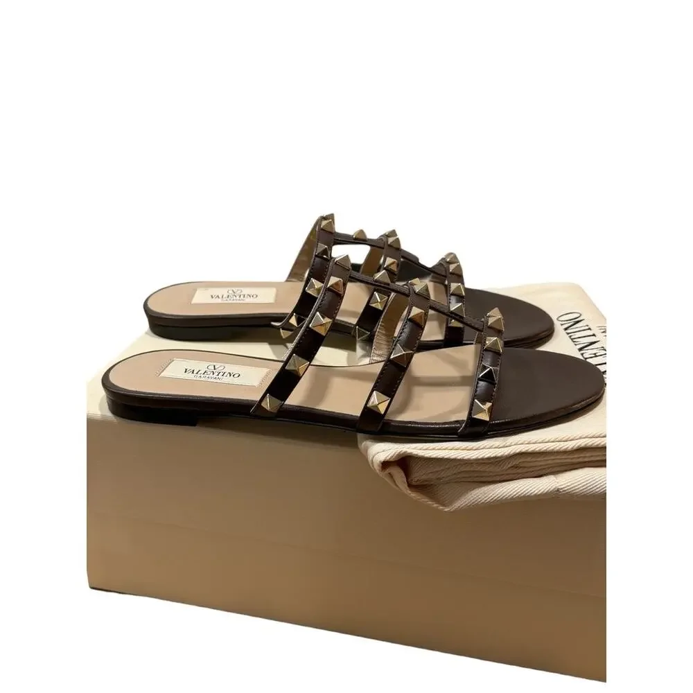 Valentino Garavani Rockstud Caged Leather Slide Sandal Bark Brown 36